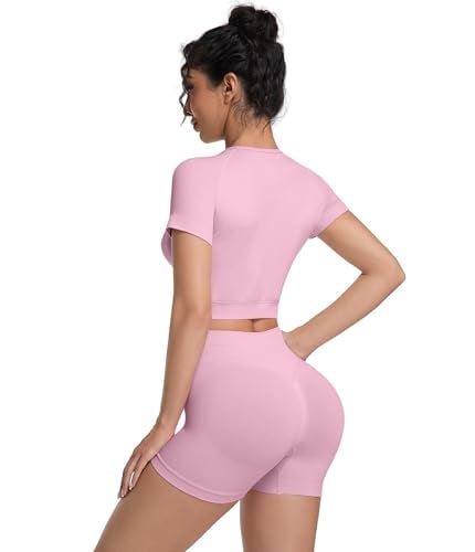 OVESPORT 2 Piece Workout Sets for Women Impact Crop Top Shirts and Seamless Gym Shorts Outfits - Image 2