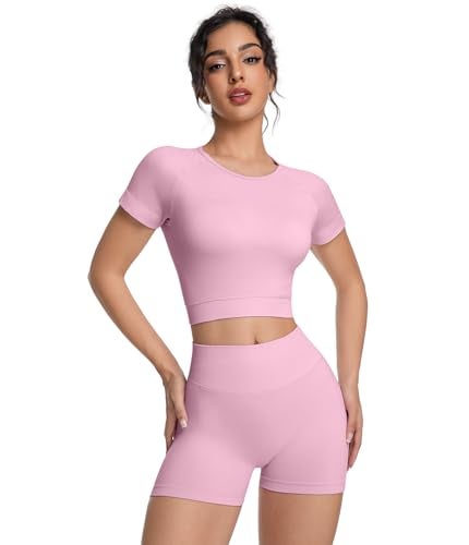 OVESPORT 2 Piece Workout Sets for Women Impact Crop Top Shirts and Seamless Gym Shorts Outfits - Image 3