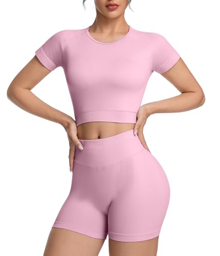 OVESPORT 2 Piece Workout Sets for Women Impact Crop Top Shirts and Seamless Gym Shorts Outfits - Image 1