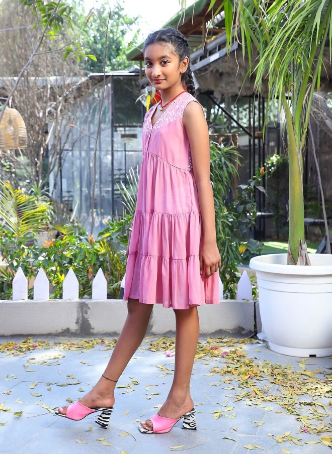 AKS Pink Tiered Fit & Flare Dress for Girls - Image 3