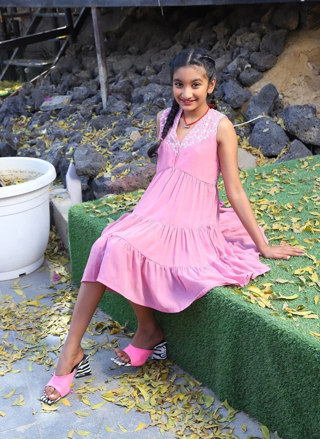 AKS Pink Tiered Fit & Flare Dress for Girls