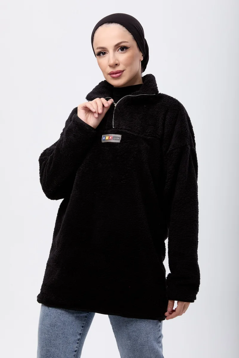Tofisa 13083-BLACK Half Zipper Plush Sweatshirt