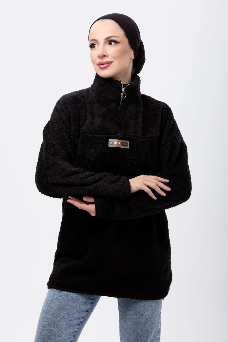 Tofisa 13083-BLACK Half Zipper Plush Sweatshirt