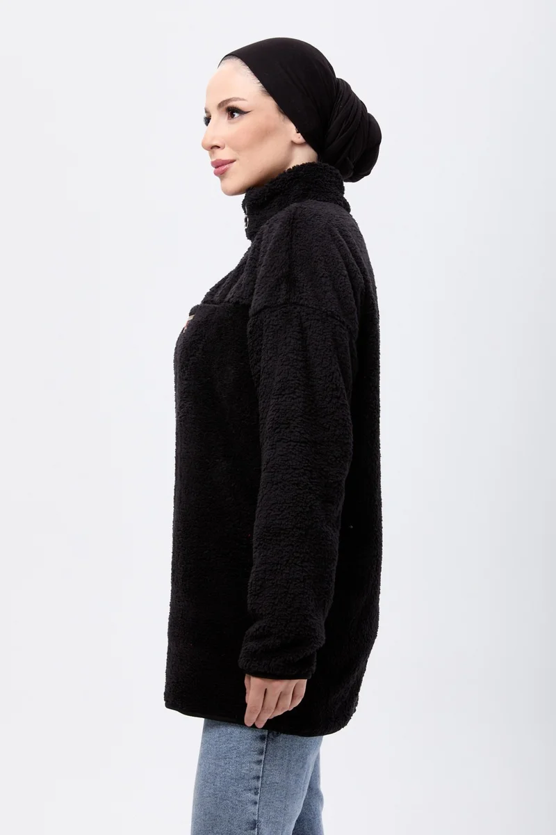 Tofisa 13083-BLACK Half Zipper Plush Sweatshirt
