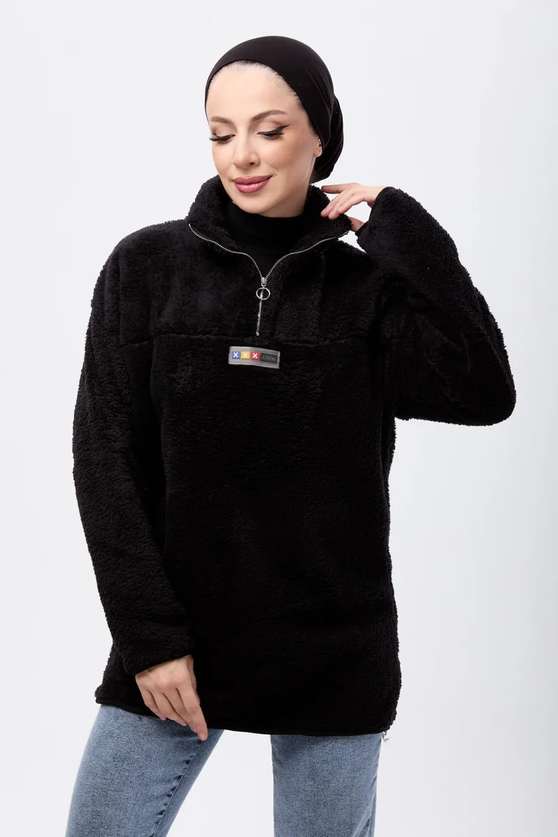 Tofisa 13083-BLACK Half Zipper Plush Sweatshirt
