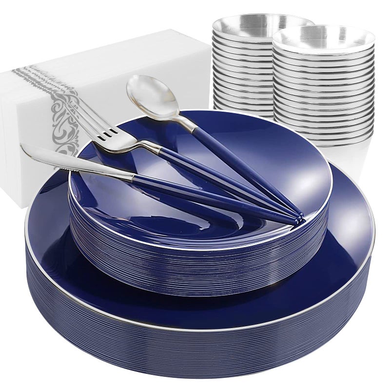 KIRE 175Pcs Blue Plastic Plates with Silver Rim  Disposable Silverware with Blue Handle  Silverrim Cups  Hand Napkin  Plastic Dinnerware for 4th of JulyGraduation