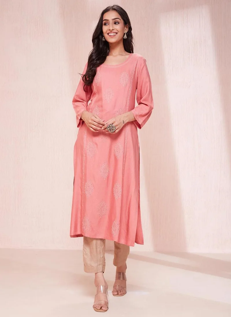 Fabindia Pink Viscose Silk Chikankari Long Kurta