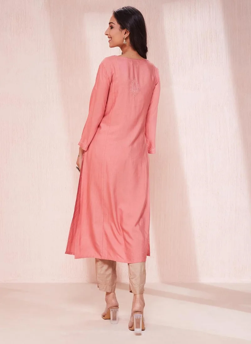Fabindia Pink Viscose Silk Chikankari Long Kurta
