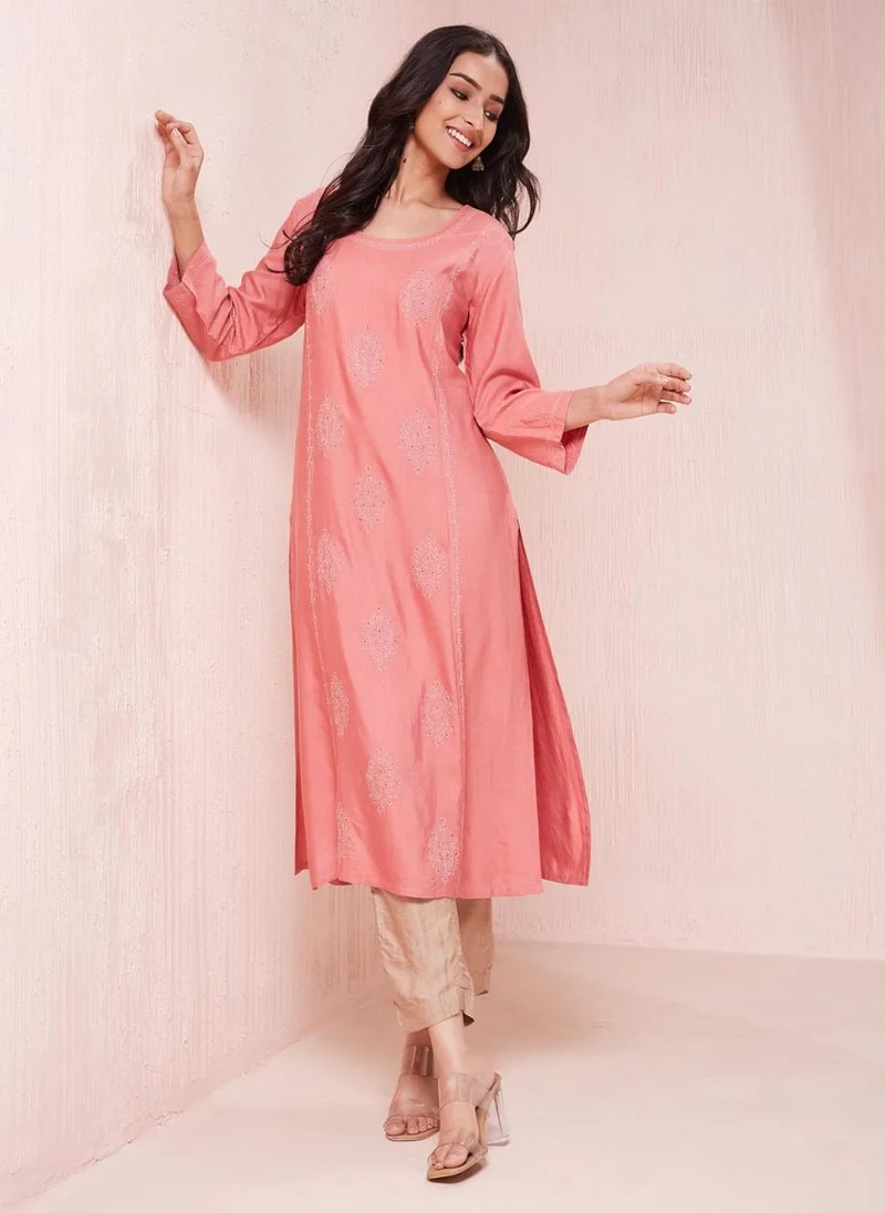 Fabindia Pink Viscose Silk Chikankari Long Kurta