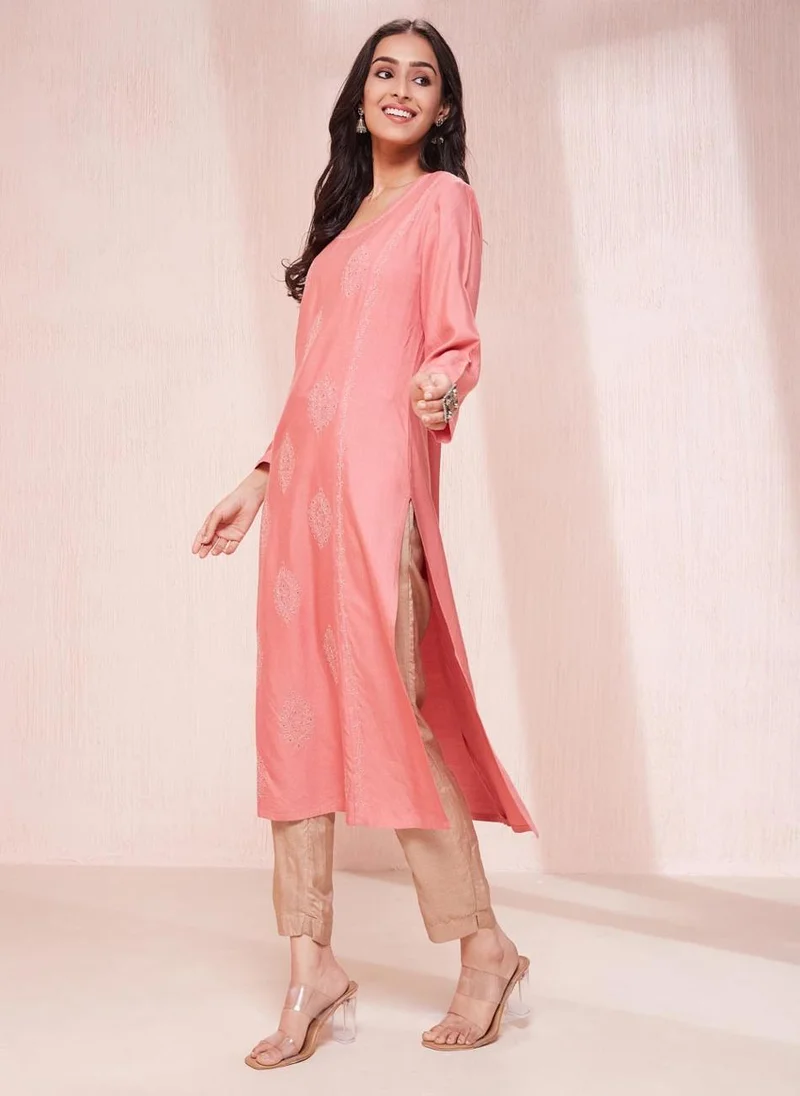 Fabindia Pink Viscose Silk Chikankari Long Kurta