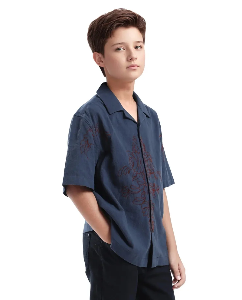 Rare Ones Rare Ones Kids Aria Dusky Blue Cotton Half Sleeve Embroidered Button Closure Regular Fit Shirt