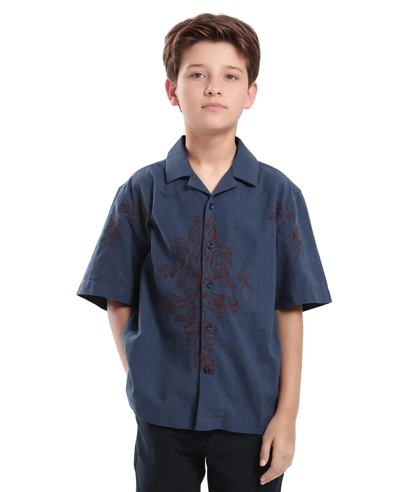 Rare Ones Rare Ones Kids Aria Dusky Blue Cotton Half Sleeve Embroidered Button Closure Regular Fit Shirt