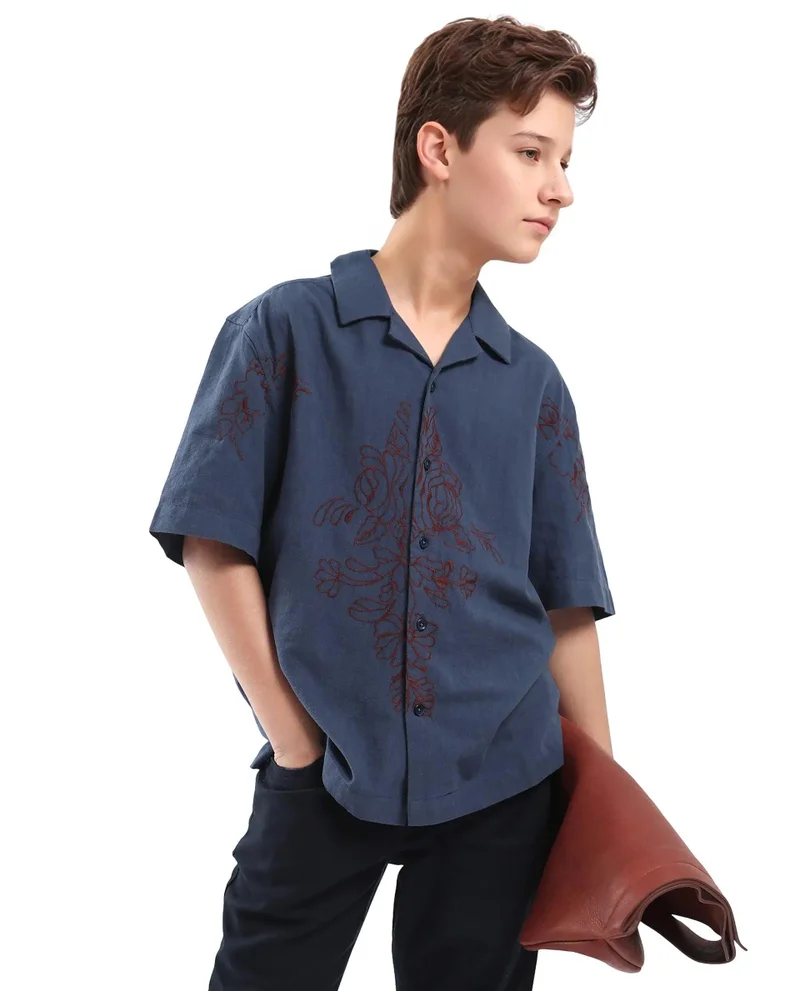 Rare Ones Rare Ones Kids Aria Dusky Blue Cotton Half Sleeve Embroidered Button Closure Regular Fit Shirt