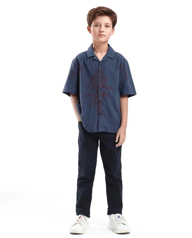 Rare Ones Rare Ones Kids Aria Dusky Blue Cotton Half Sleeve Embroidered Button Closure Regular Fit Shirt