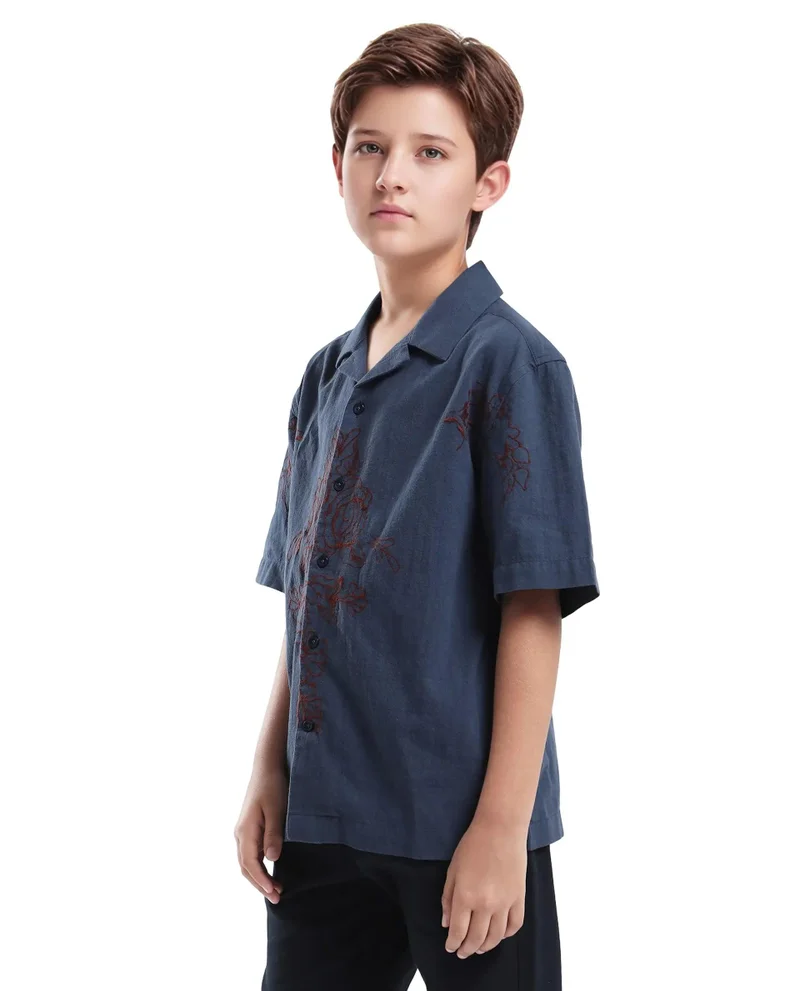 Rare Ones Rare Ones Kids Aria Dusky Blue Cotton Half Sleeve Embroidered Button Closure Regular Fit Shirt