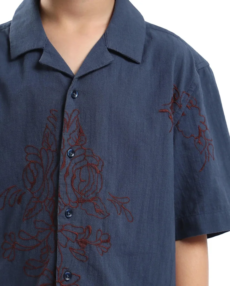 Rare Ones Rare Ones Kids Aria Dusky Blue Cotton Half Sleeve Embroidered Button Closure Regular Fit Shirt