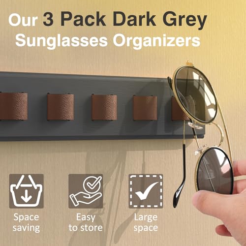 Durmmur 3 Pack Sunglass Organizer, Wall Mounted Sunglasses Organizer, Wooden Glasses Holder Sunglass Holder, Sunglasses Rack for Hanging Your Multiple Eyeglasses, for Wall, Home Decor(Dark Grey) - Image 5