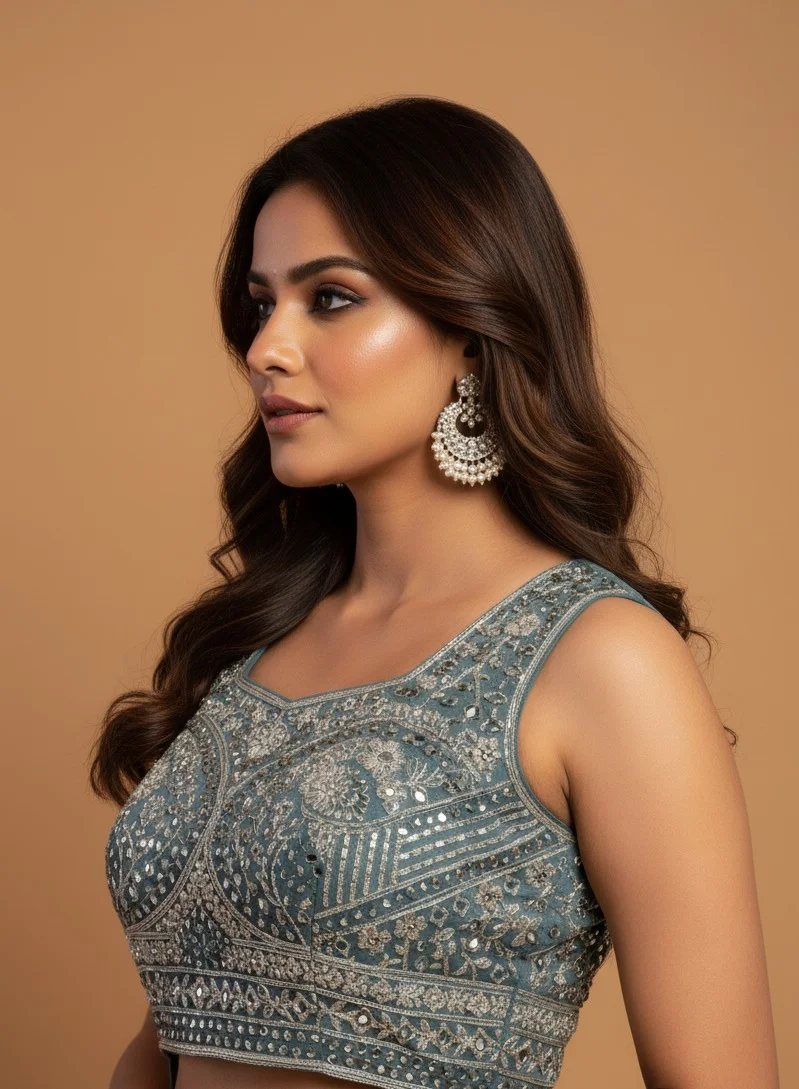 Lehar  Teal Embroidered Crop Top Lehenga Set with Sheer Cape Dupatta for Women | Best Price UAE