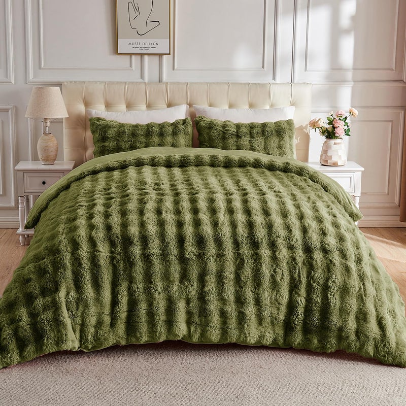 Lotus Karen Lotus Karen Fluffy Comforter Cover Set-Rabbit Fluff Faux Fur Duvet Cover King Size Dark Green Plush Fuzzy Furry Bedding Sets 3Pieces(1 Duvet Cover & 2 Pillow Shams) Zipper Closure  - Image 1