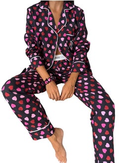 dark purple/burgundy pajama set with heart patterns