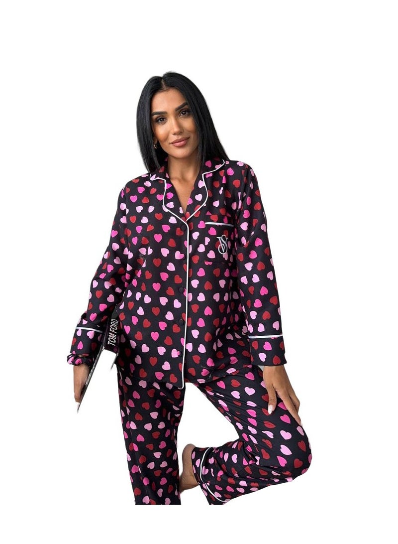 Victoria Secret Pink Victoria Secret Silk Satin a dark purple/burgundy pajama set with a heart pattern - Image 2