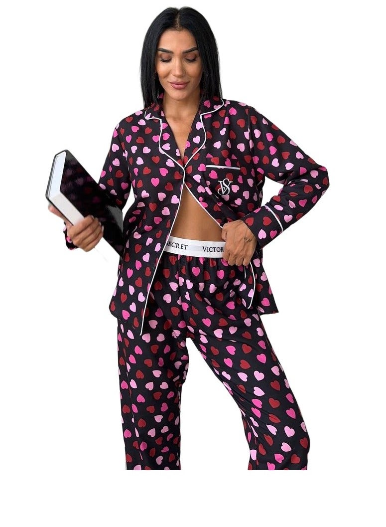 Victoria Secret Pink Victoria Secret Silk Satin a dark purple/burgundy pajama set with a heart pattern - Image 4