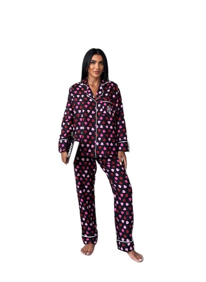 Victoria Secret Pink Victoria Secret Silk Satin a dark purple/burgundy pajama set with a heart pattern - Image 3