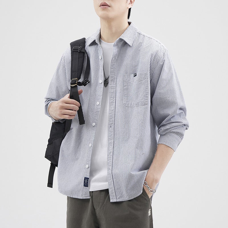 Autumn Thin Shirt Japanese Style Fresh Work Shirt Men's Small Jacket Striped All-match Loose Casual American Top - Image 3