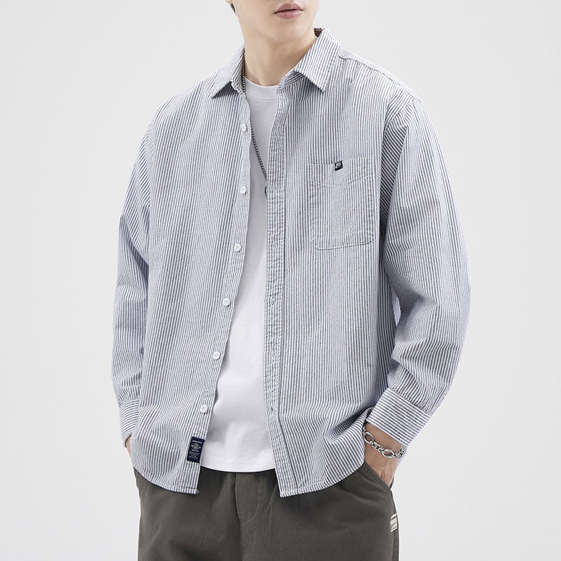 Autumn Thin Shirt Japanese Style Fresh Work Shirt Men's Small Jacket Striped All-match Loose Casual American Top - Image 5