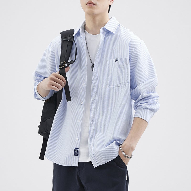 Autumn Thin Shirt Japanese Style Fresh Work Shirt Men's Small Jacket Striped All-match Loose Casual American Top - Image 2