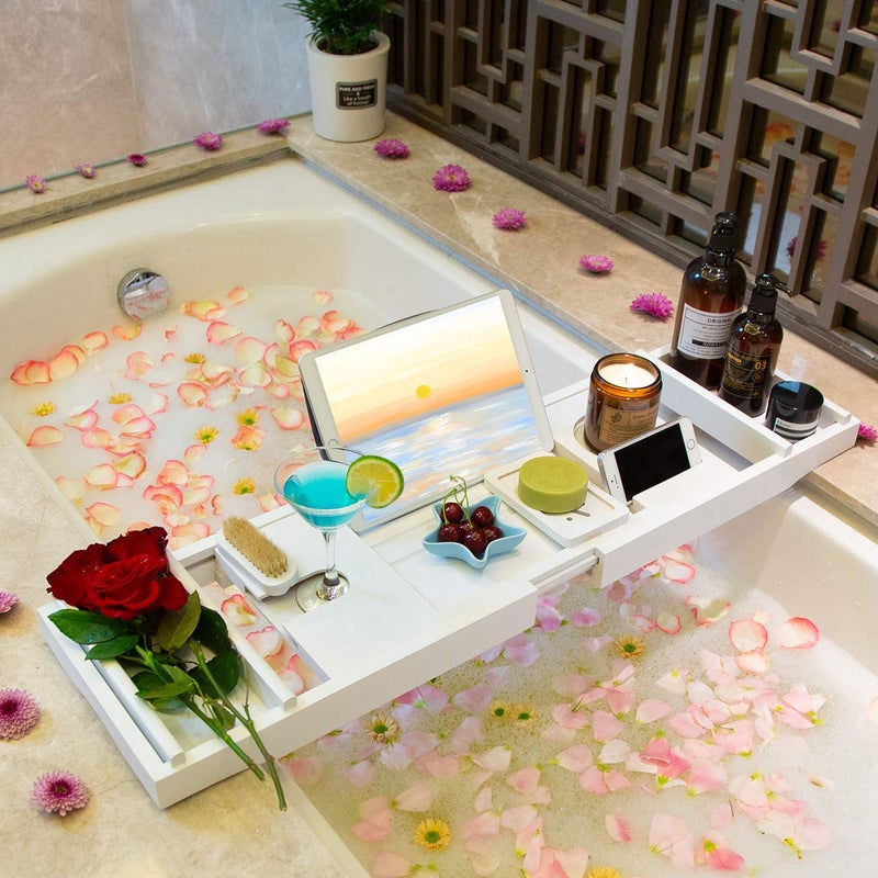 Bamfan Bathtub Caddy Tray for Luxury Bath - Bamboo Waterproof Expandable Bath Table Over Tub with Wine and Book Holder and Free Soap Dish (White) - Image 2