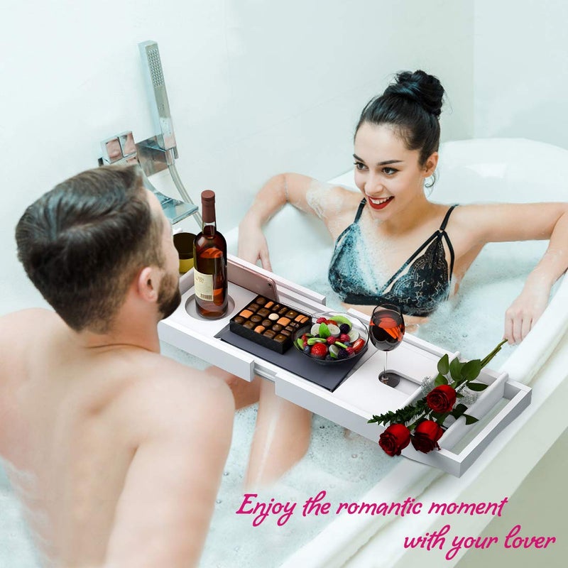 Bamfan Bathtub Caddy Tray for Luxury Bath - Bamboo Waterproof Expandable Bath Table Over Tub with Wine and Book Holder and Free Soap Dish (White) - Image 4