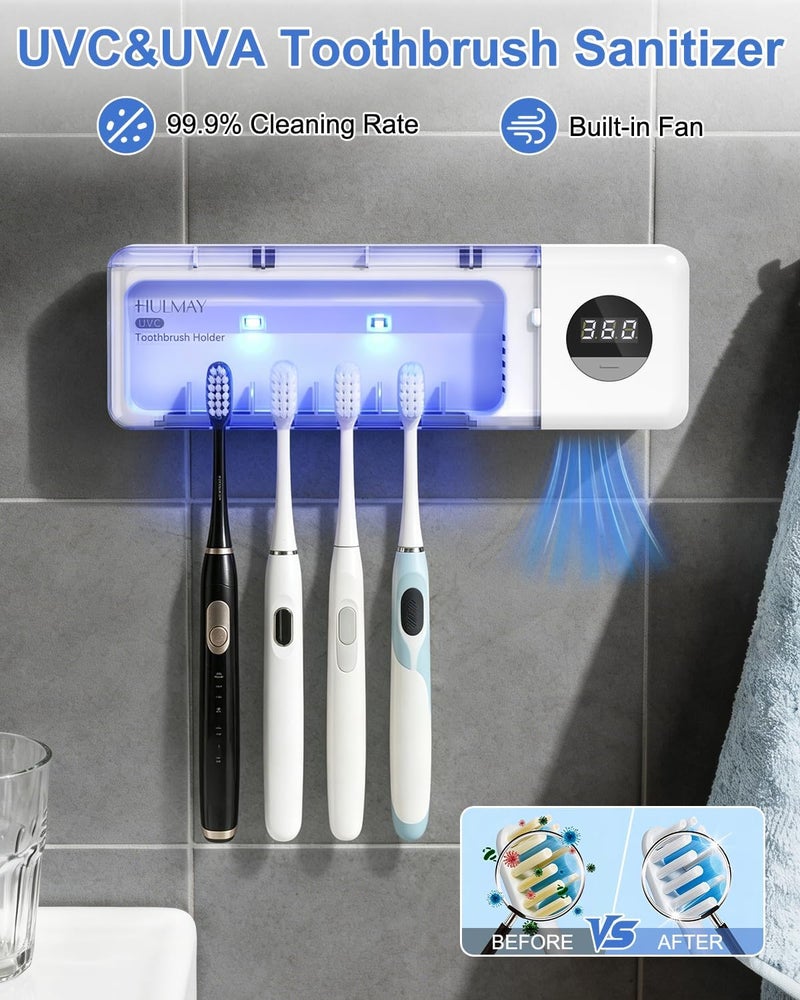 hulmay UV Toothbrush Sanitizer with Holder, Electric Toothbrush Holder Wall Mounted with Cover for 4 Slots, 2000mAh Rechargeable with Timer, Cordless Bathroom Organizer - White - Image 2