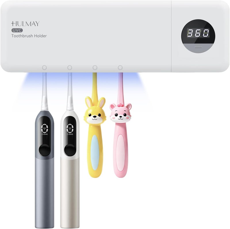 hulmay UV Toothbrush Sanitizer with Holder, Electric Toothbrush Holder Wall Mounted with Cover for 4 Slots, 2000mAh Rechargeable with Timer, Cordless Bathroom Organizer - White - Image 1