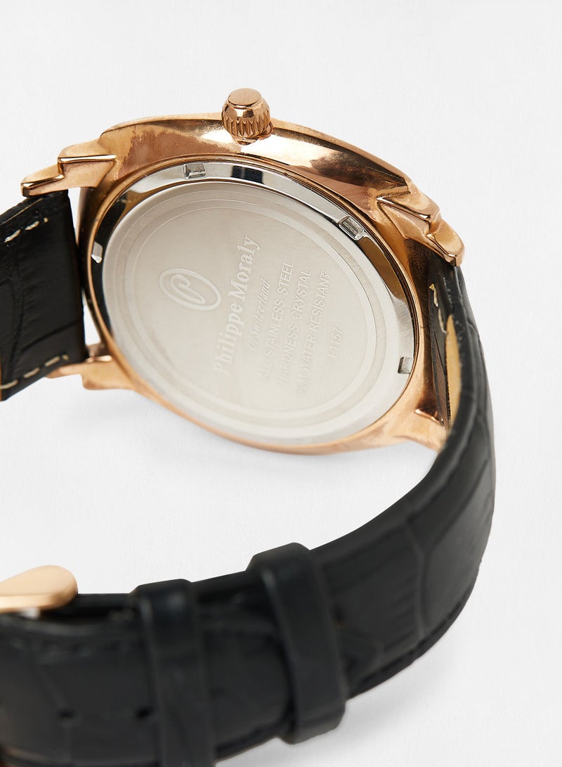 Philippe Moraly ساعة يد تناظرية بحزام جلد L1157RBB - 42 مم - أسود - Image 4