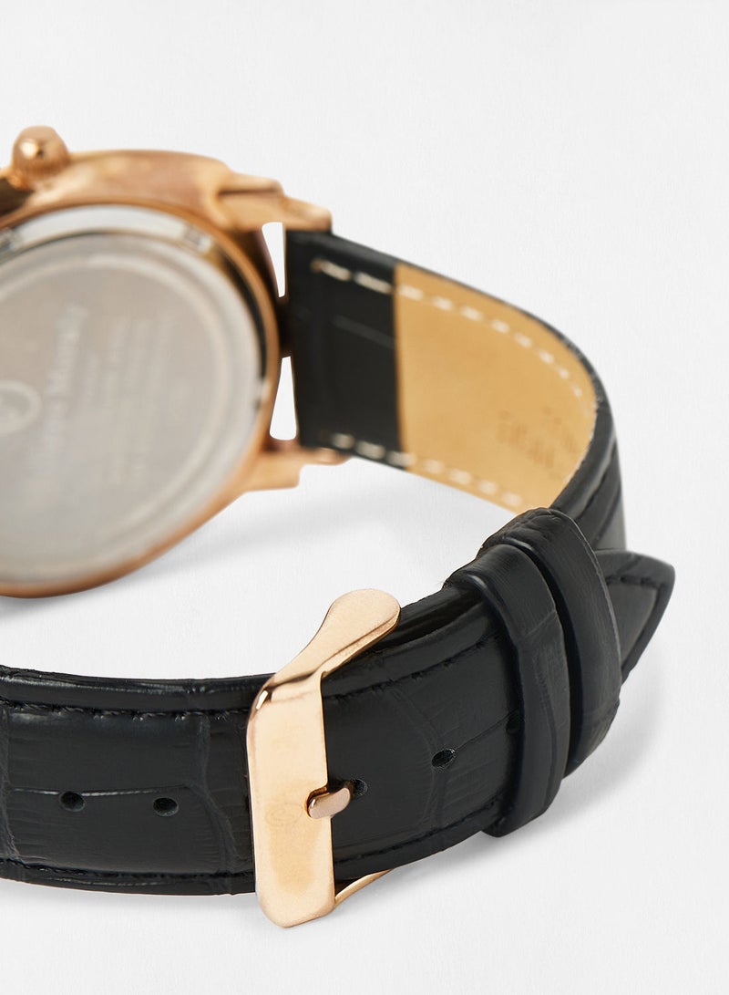 Philippe Moraly ساعة يد تناظرية بحزام جلد L1157RBB - 42 مم - أسود - Image 3