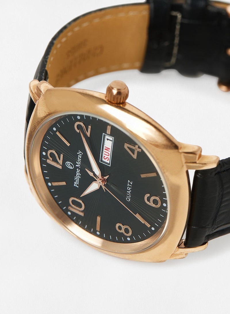 Philippe Moraly ساعة يد تناظرية بحزام جلد L1157RBB - 42 مم - أسود - Image 2