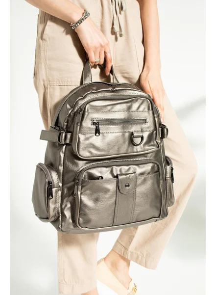 Çanta Trend Bag Trend Women's Gray Washed Leather Large Size Backpack