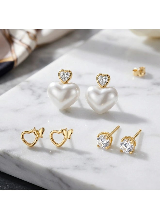 MTZ 3 Pairs Cubic Zirconia Stud Earrings Set for Women, Hypoallergenic Gold Plated Crystal Earrings, Dainty CZ Diamond Studs in Various Sizes, Sensitive Ear Friendly Jewelry Gift Box - Image 3