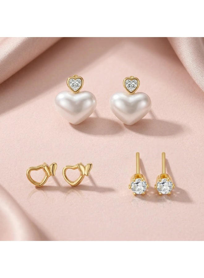 MTZ 3 Pairs Cubic Zirconia Stud Earrings Set for Women, Hypoallergenic Gold Plated Crystal Earrings, Dainty CZ Diamond Studs in Various Sizes, Sensitive Ear Friendly Jewelry Gift Box - Image 4