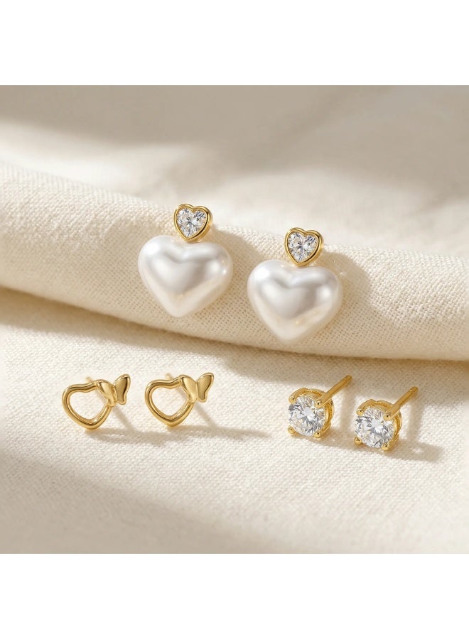 MTZ 3 Pairs Cubic Zirconia Stud Earrings Set for Women, Hypoallergenic Gold Plated Crystal Earrings, Dainty CZ Diamond Studs in Various Sizes, Sensitive Ear Friendly Jewelry Gift Box - Image 2