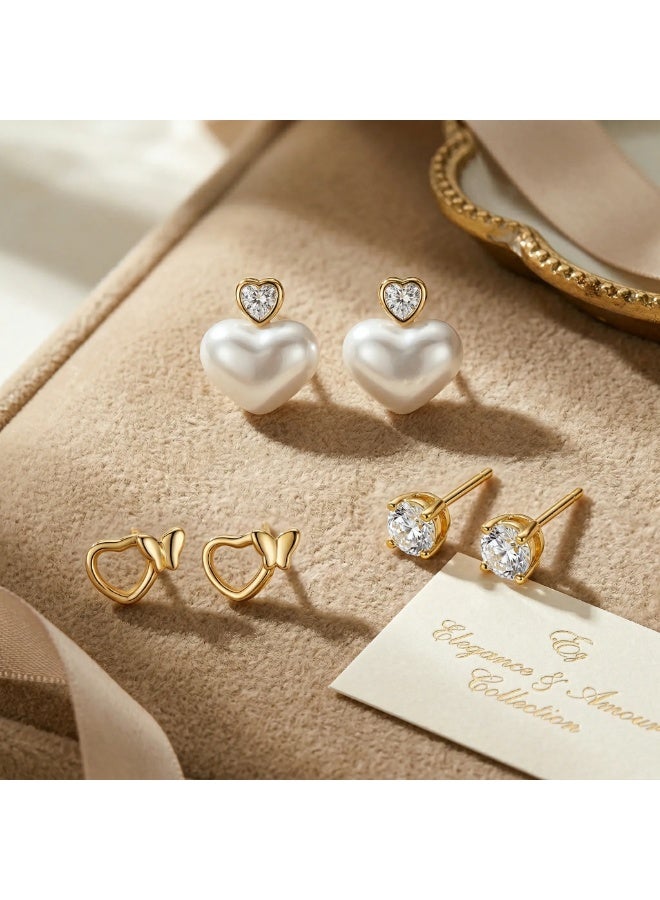 MTZ 3 Pairs Cubic Zirconia Stud Earrings Set for Women, Hypoallergenic Gold Plated Crystal Earrings, Dainty CZ Diamond Studs in Various Sizes, Sensitive Ear Friendly Jewelry Gift Box - Image 5