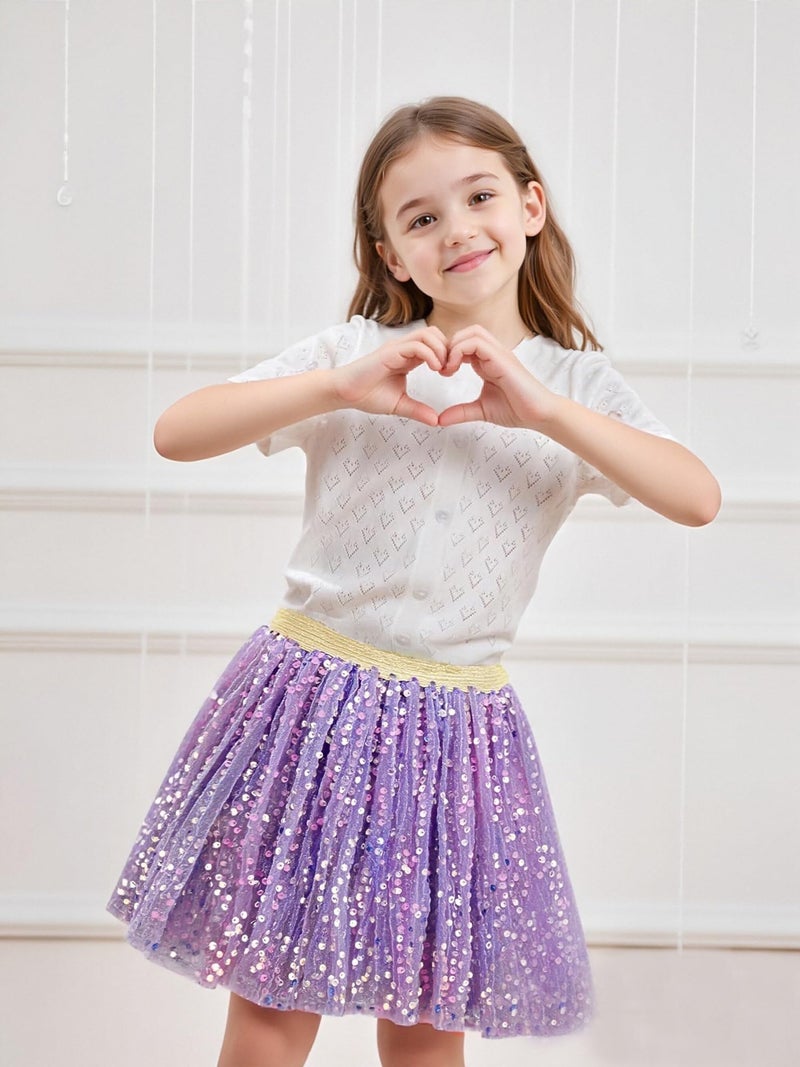 Magic Park 1-14Y Toddler Tulle Sequin Skirt Little Girl Tutu Skirts Birthday Holiday Party Girls Solid Color Short Skirt (Purple Skirt, 6-8 Years) - Image 2