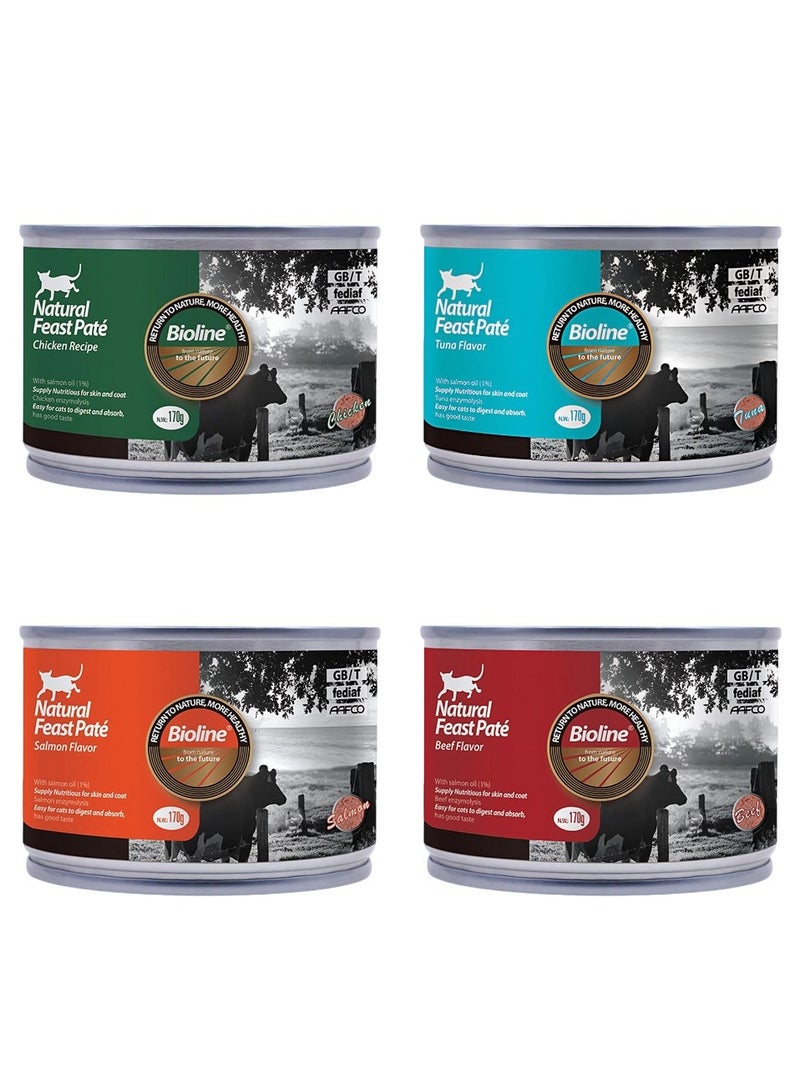 Bioline Natural Feast Pate Cat Can Chicken, Tuna, Beef, Salmon Flavor 170g * (Pack Of 4 )