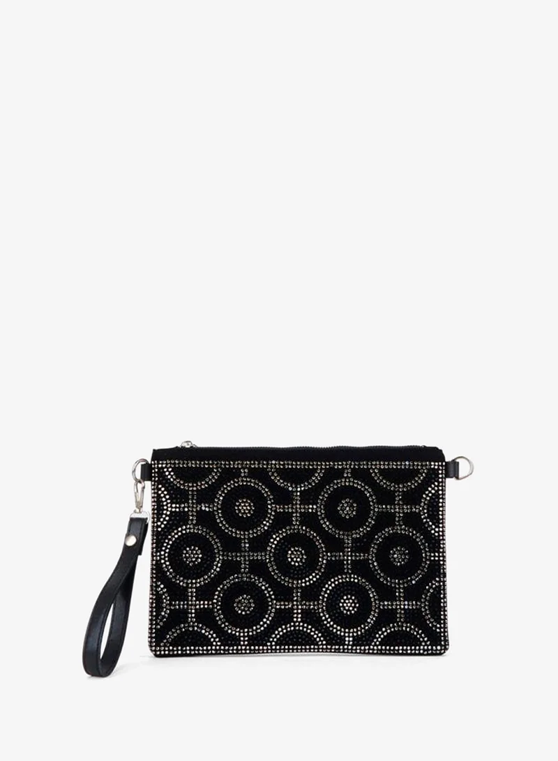 Women's Ring Gold‑Studded Suede Wrist Strap and Chain Strap Portfolio Handbag and Clutch