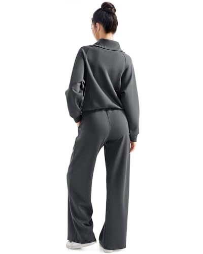 SUUKSESS Women 2 Piece Lounge Matching Sets Wide Leg Sweatpants Half Zip Oversized Sweatshirts (Dark Heather, M) - Image 3