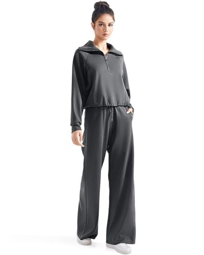 SUUKSESS Women 2 Piece Lounge Matching Sets Wide Leg Sweatpants Half Zip Oversized Sweatshirts (Dark Heather, M) - Image 4