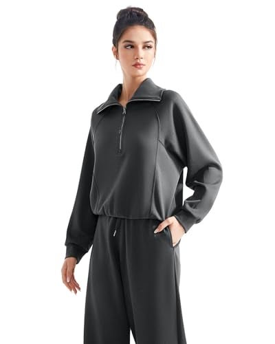 SUUKSESS Women 2 Piece Lounge Matching Sets Wide Leg Sweatpants Half Zip Oversized Sweatshirts (Dark Heather, M) - Image 2