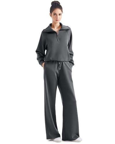 SUUKSESS Women 2 Piece Lounge Matching Sets Wide Leg Sweatpants Half Zip Oversized Sweatshirts (Dark Heather, M) - Image 1