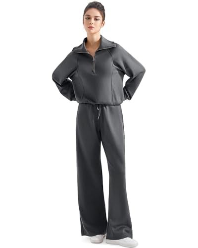 SUUKSESS Women 2 Piece Lounge Matching Sets Wide Leg Sweatpants Half Zip Oversized Sweatshirts (Dark Heather, M) - Image 5